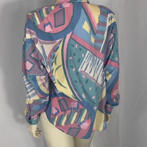 Vintage 80’s Unique Pastel Funky Print Bold Shoulder Button Down Long Sleeve Shi - Picture 6 of 16
